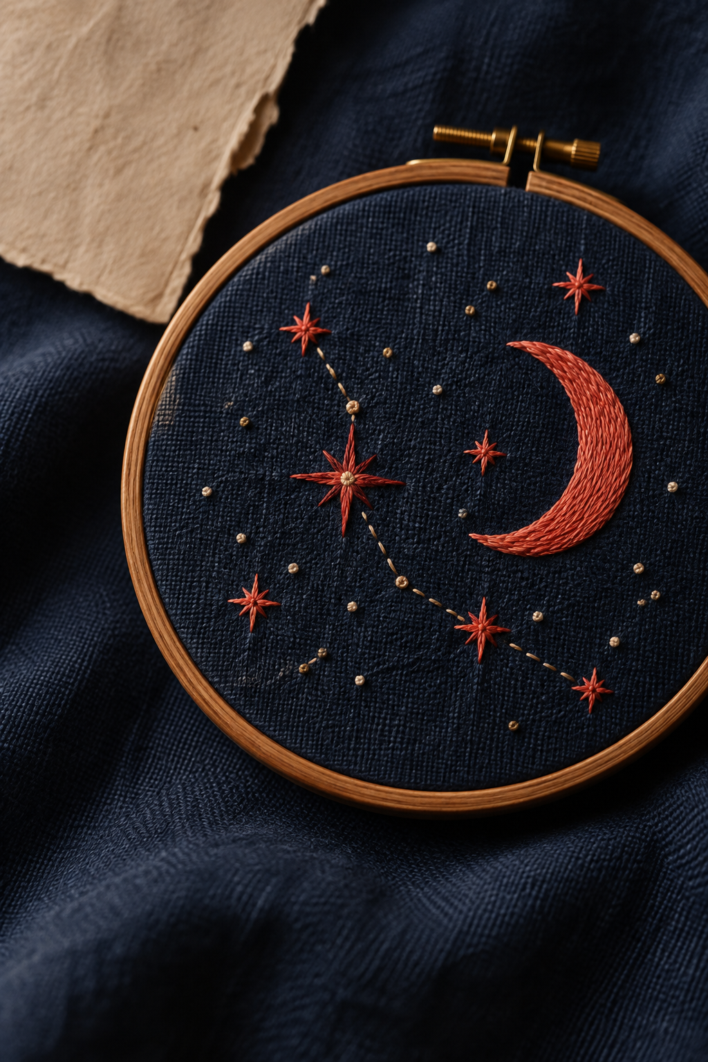 Hand-embroidered moon and stars on midnight blue linen